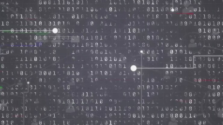 Animation of dots connecting with lines and binary codes over glitch technique