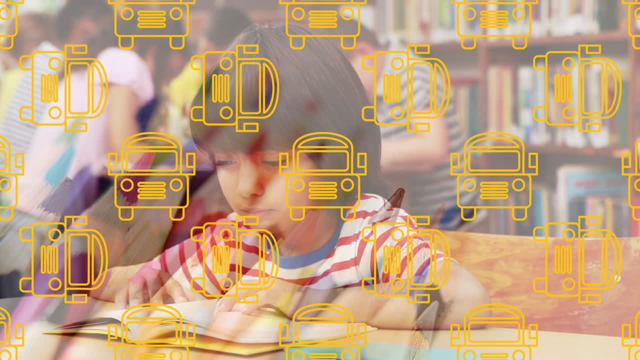 animación de texto de saludo y iconos de artículos escolares sobre la decoración de la escuela que cae