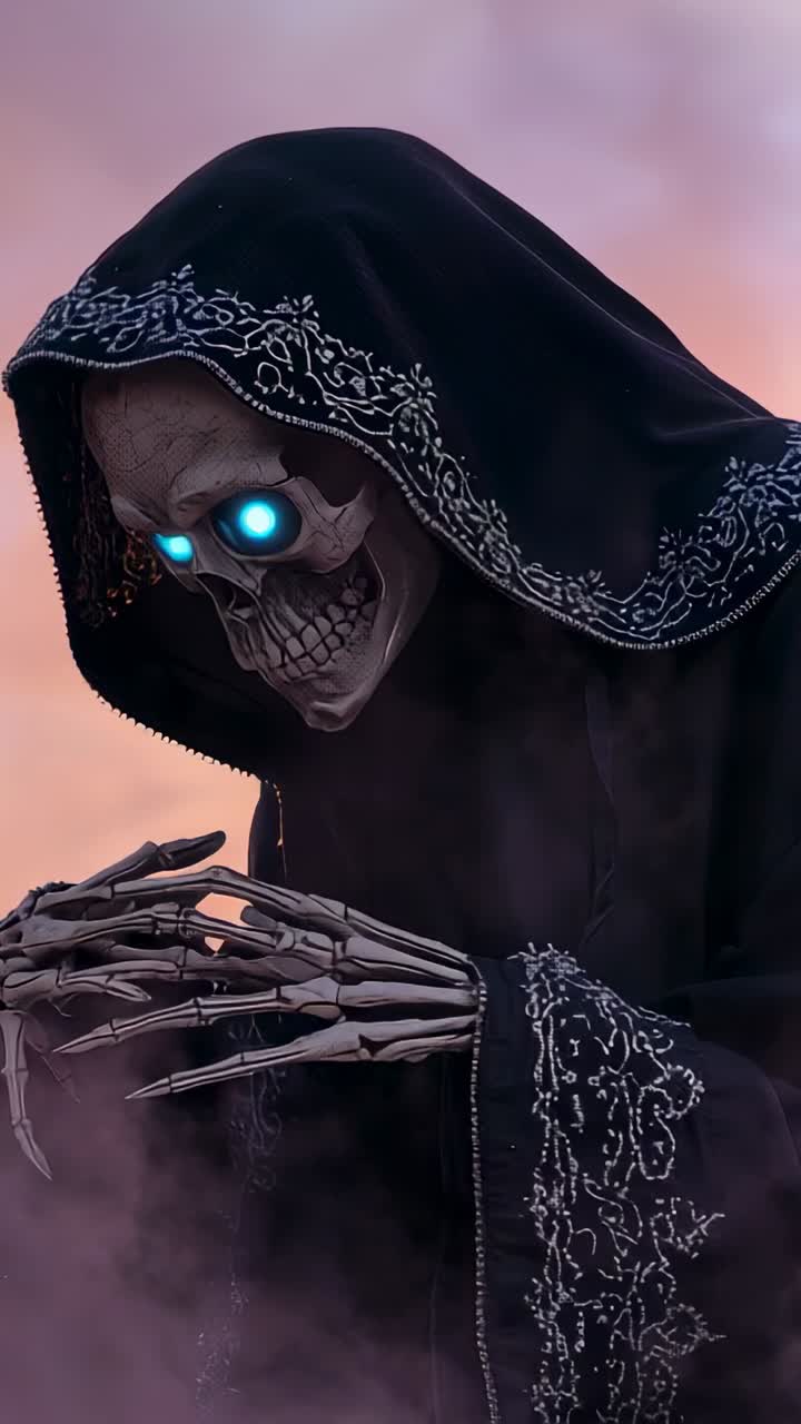Vertical video: Emerging hooded skeleton conjuring with hands beneath dusky sky, amid purple mist