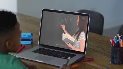 African-american-boy-having-a-video-call-on-laptop-while-doing-homework-at-home