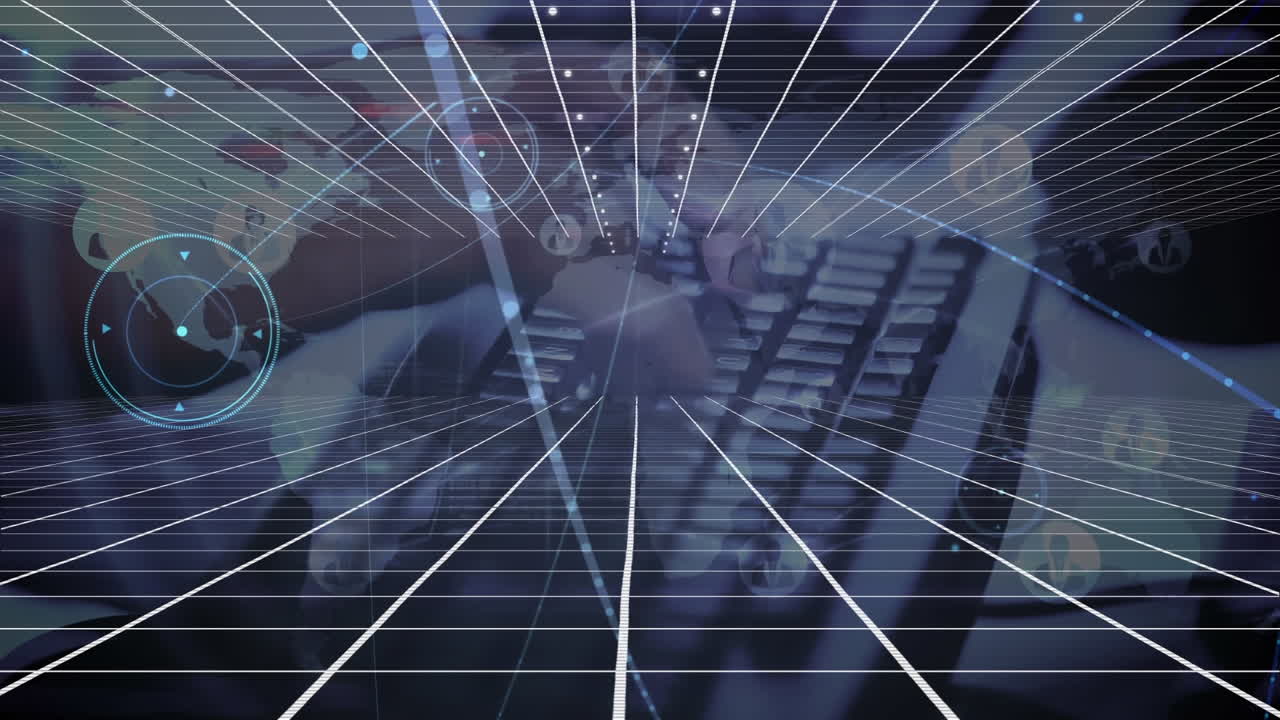연결 네트워크의 애니메이션과 키보드에 타이핑하는 백인 남성의 빛