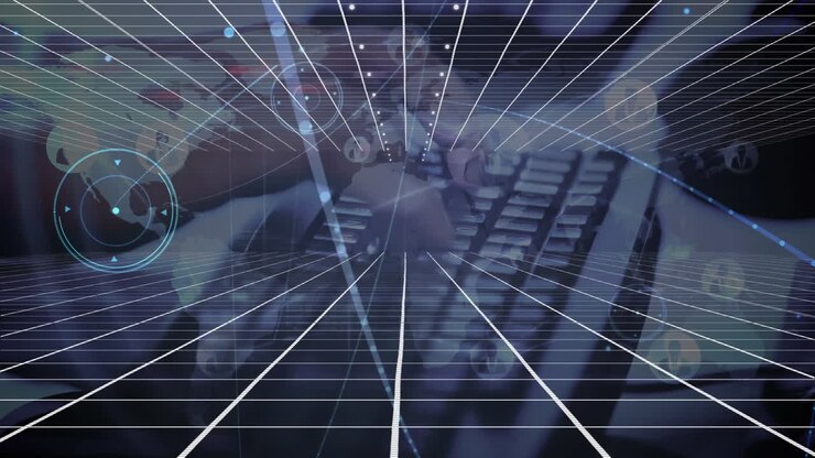 Animation of networks of connections and light over caucasian man typing on keyboard