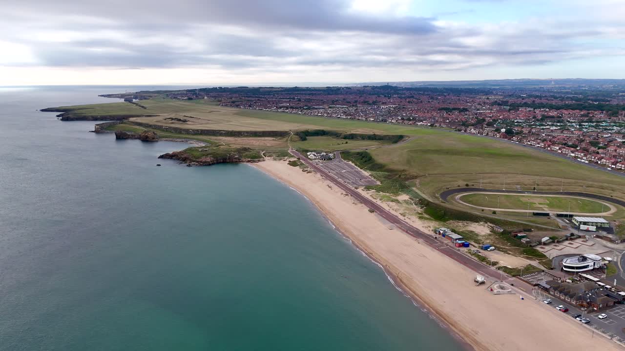Aerial drone view south shields coastal town in South Tyneside, Tyne and Wear, England beach uk
