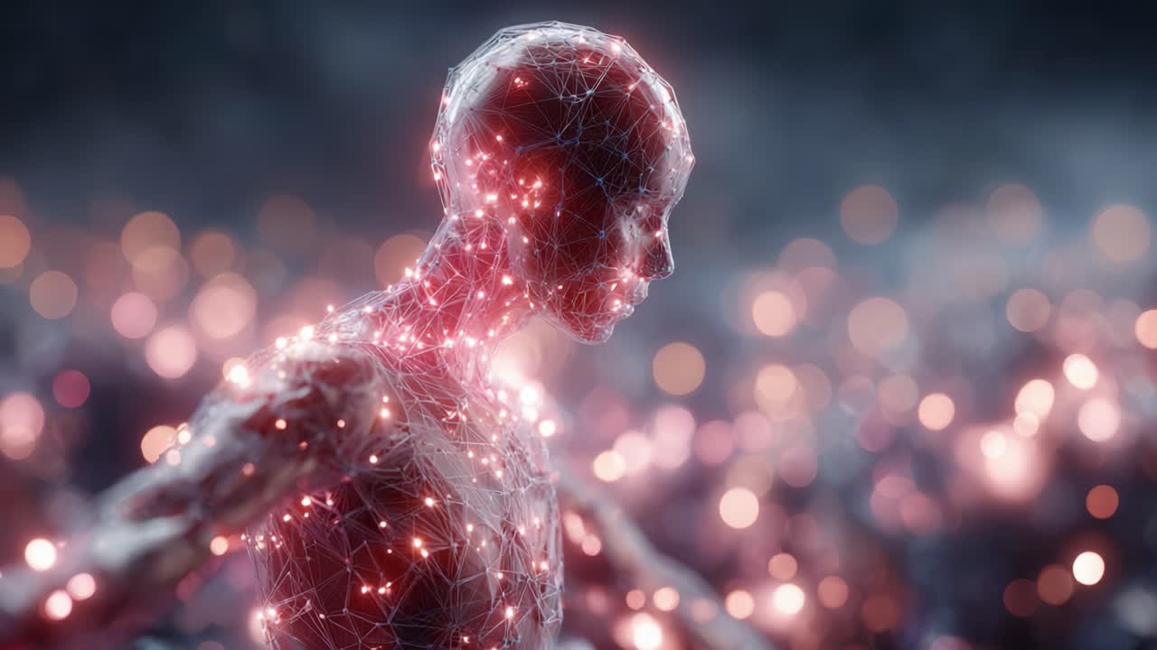 A luminous figure composed of interconnected nodes and glowing lines, symbolizing the fusion of technology and humanity in a mesmerizing digital landscape