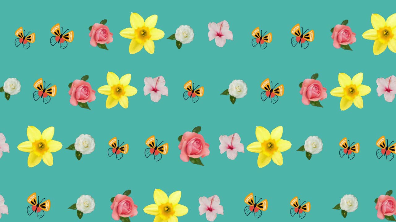 animación de múltiples flores que se mueven sobre un fondo verde