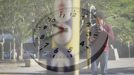 animation of clock moving over biracial man walking with takeaway coffee