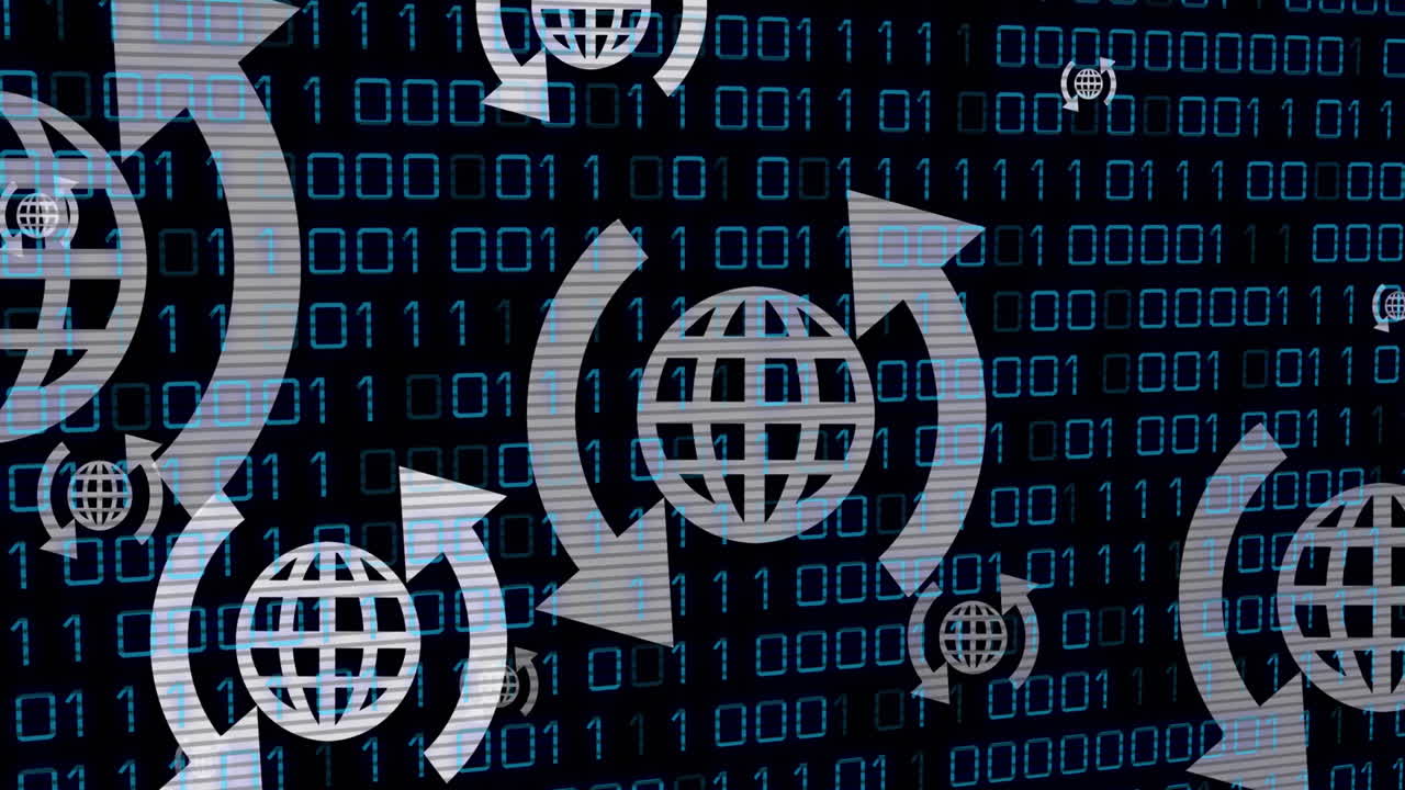 Animation of arrow around globes over looping binary codes against black background