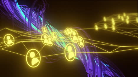 network of connected user icons animation over abstract purple and blue lines