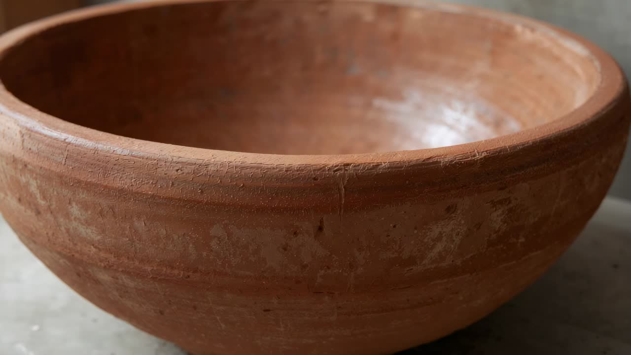 Cámara panorámica mostrando el interior de un cuenco de terracota sobre una mesa, con un sutil cambio de luz