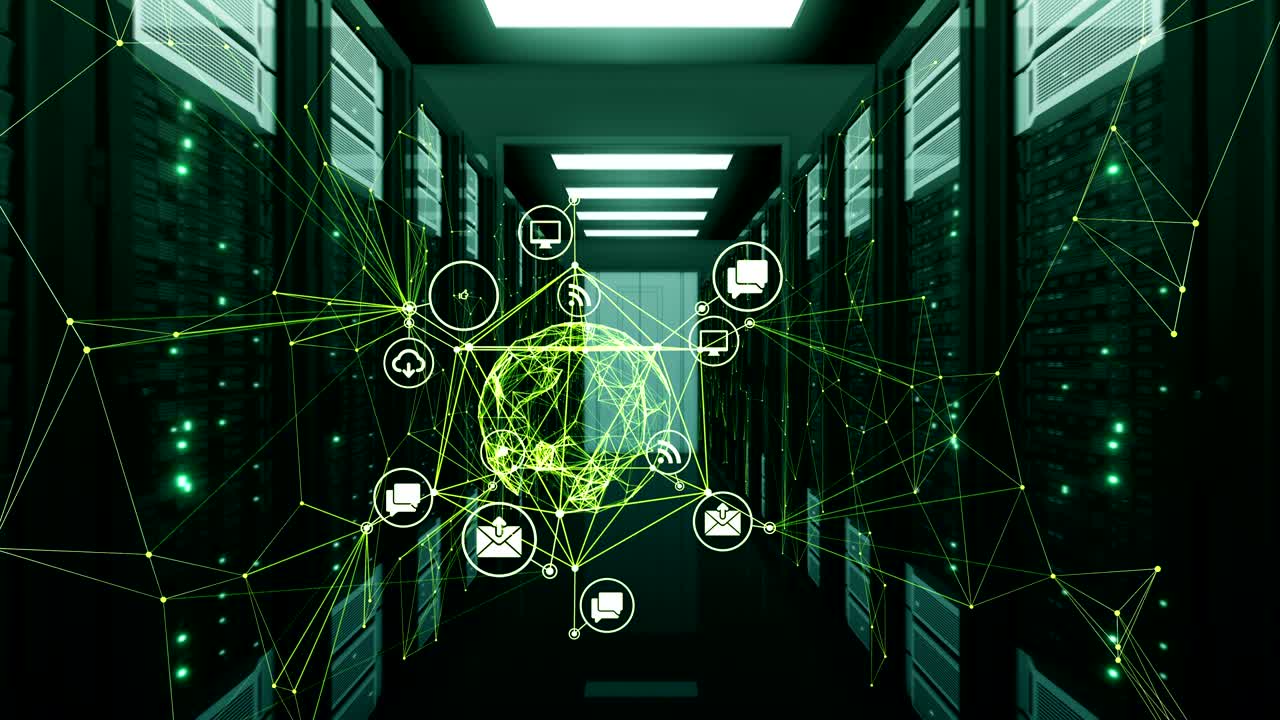 녹색 디지털 아이콘 구 홀로그램은 데이터 센터에서 네트워크와 추상적인 연결로 회전합니다. 루프 된 3d 애니메이션. 비즈니스 및 기술 개념.