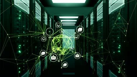 green digital icons sphere hologram rotating in abstract connections with net at datacenter server racks room. looped 3d animation. business and technology concept.