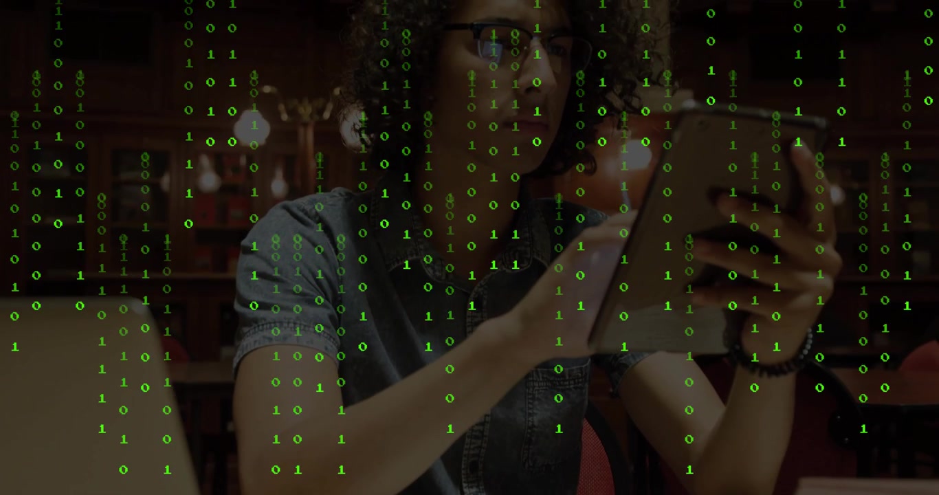 Binärcode löst sich auf und enthüllt einen Studenten, der auf ein Tablet tippt, während er ein Diagramm für Bildungszwecke analysiert.