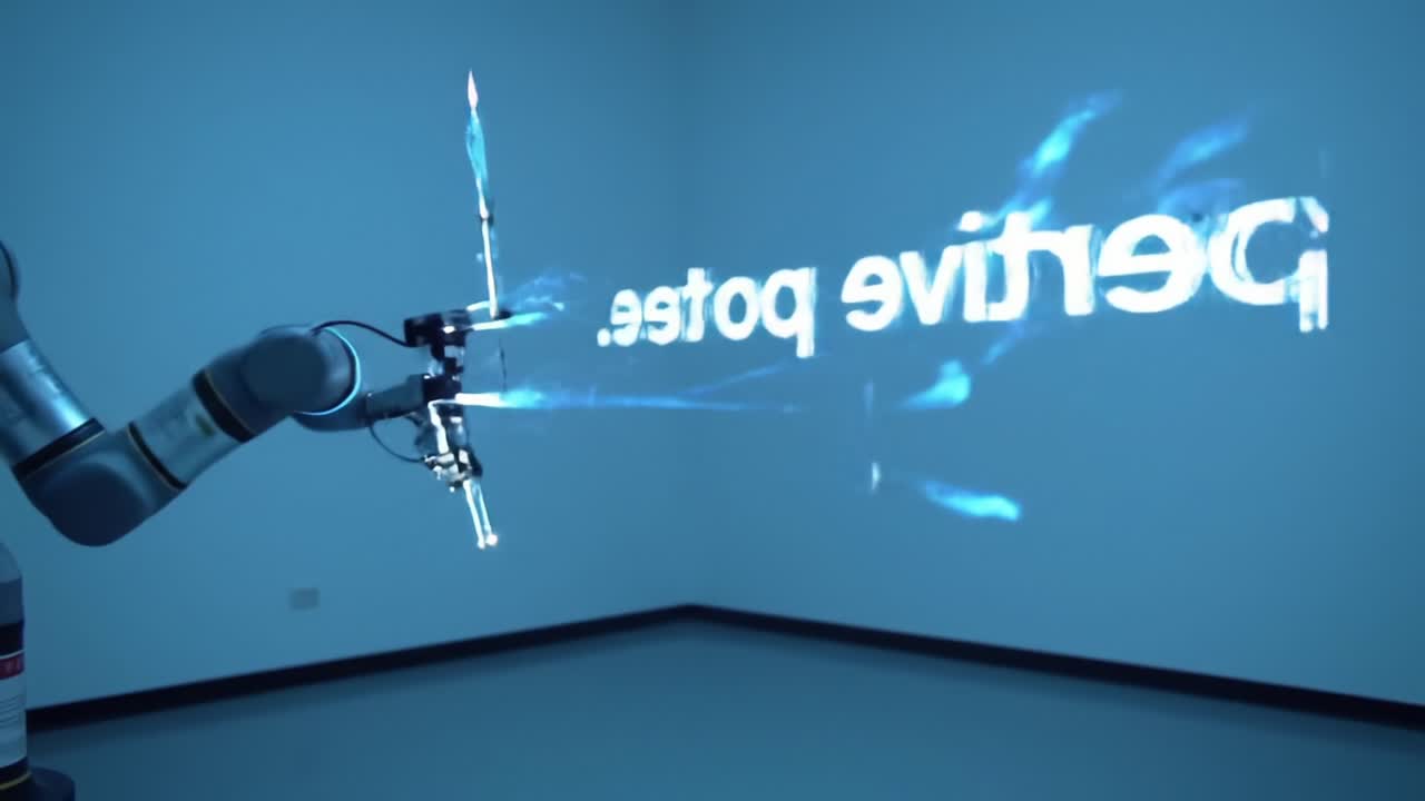 A Cutting-Edge Robotic Arm Projects Dynamic Visuals in a Minimalistic Space, Showcasing Advanced Technology and Interactive Media Innovations