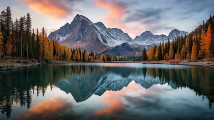 Stunning landscape video concept featuring a serene lake with mountain reflections