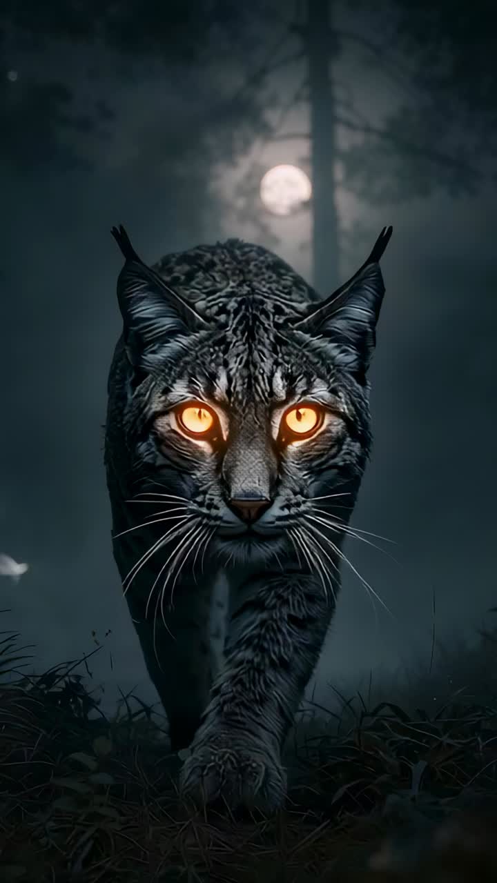 Vertikales Video: Eine katzenartige Gestalt, die sich im Nebel auf die Kamera zubewegt und einen Vollmond zeichnet, mit Motten