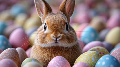 cute rabbit surrounded by colorful easter eggs in spring setting