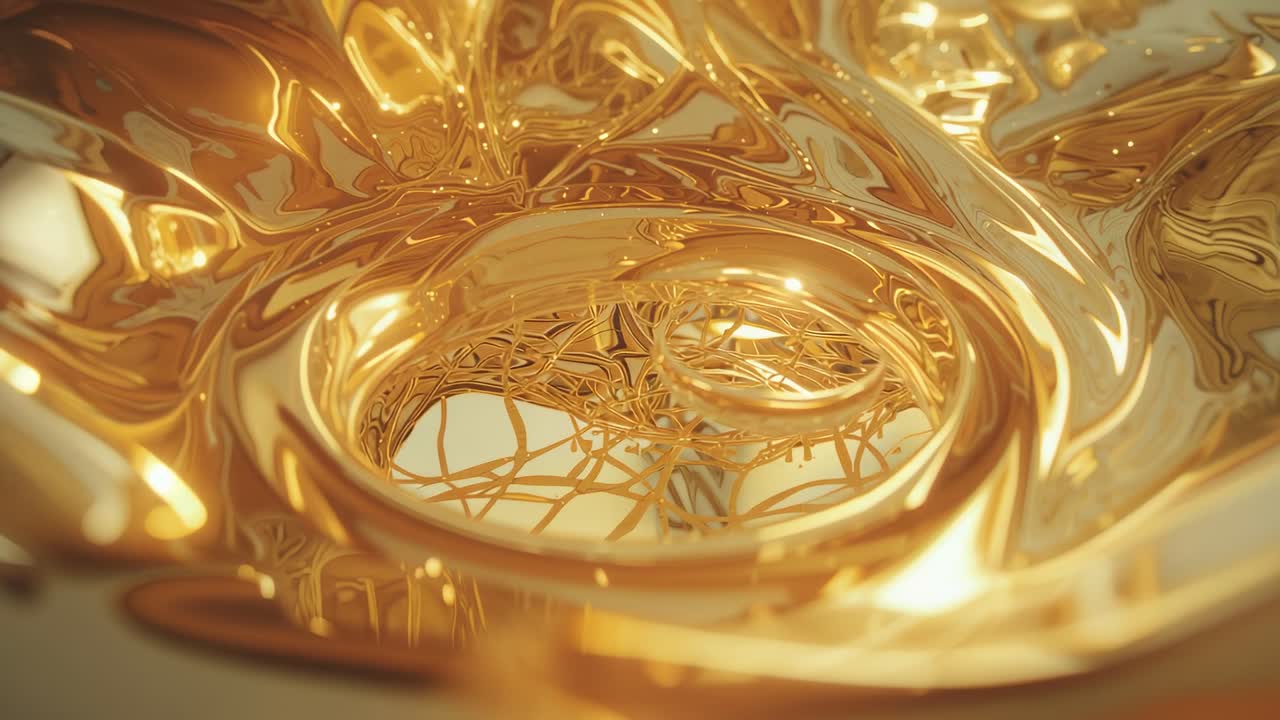 Starting golden surface rippling then forming vortex in seamless backdrop, weaving fine filaments