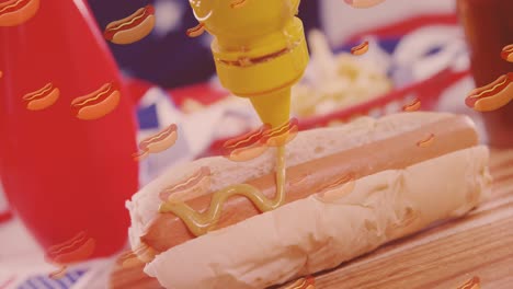 Animation-Von-Hotdog-Symbolen-über-Hotdogs,-Die-Zubereitet-Werden