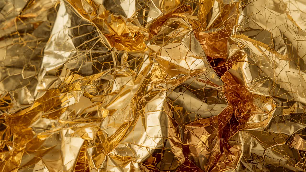 Shifting camera revealing crumpled gold foil in studio closeup, showing hairline cracks and seam