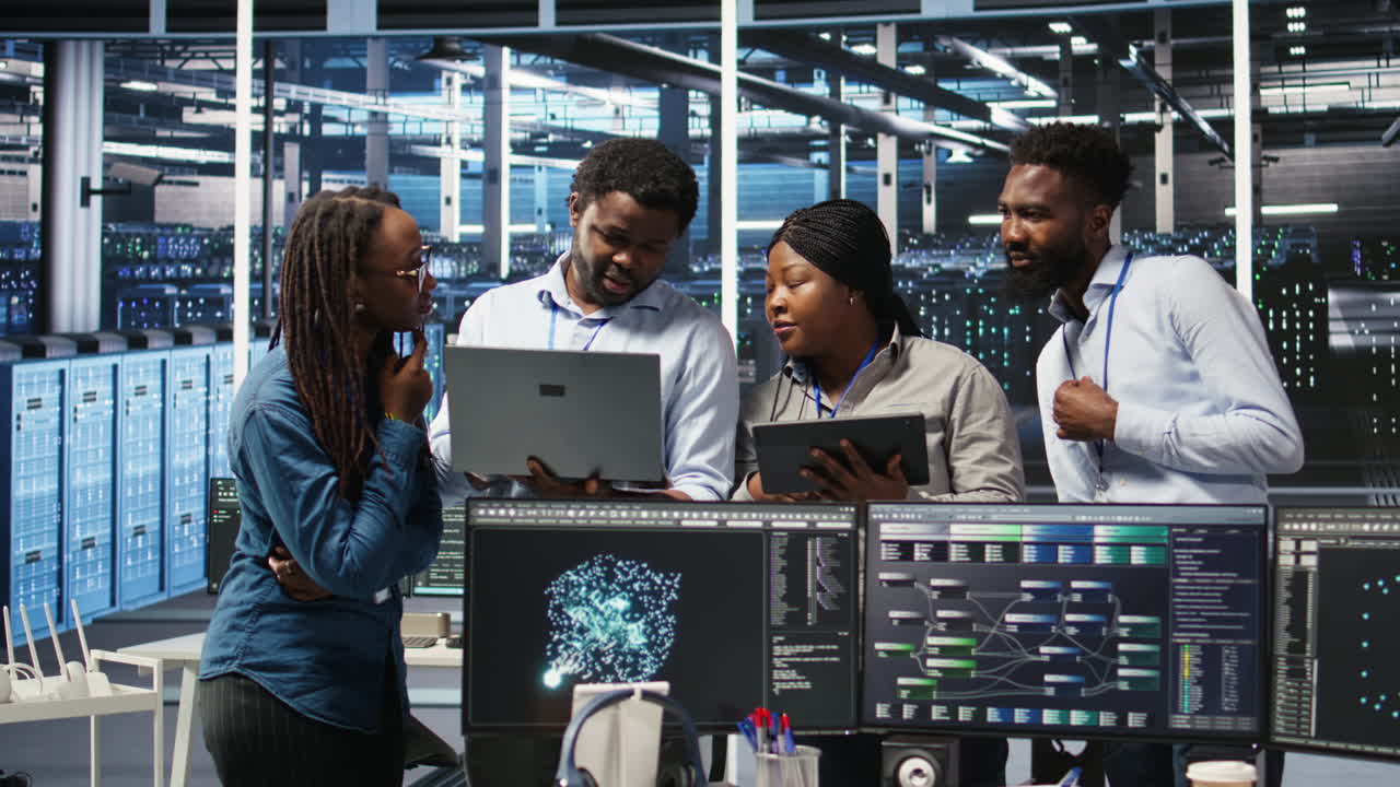 Portrait of smiling data center specialists collaborating in server facility
