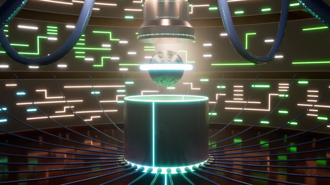 인공 지능 시스템, 컴퓨터 비전, 딥 러닝, 빛나는 네온 불빛, 광택 표면, 케이블 연결, 3d 애니메이션 카메라가 천천히 확대됩니다.