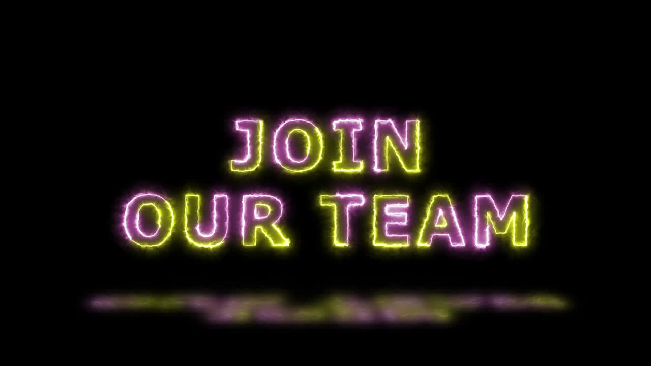 "unisciti alla nostra squadra" linee di confine di energia rosa e verde animazione del titolo con riflesso su un pavimento. semplice ciclo senza cuciture testo animato. tipografia 4k motion graphic