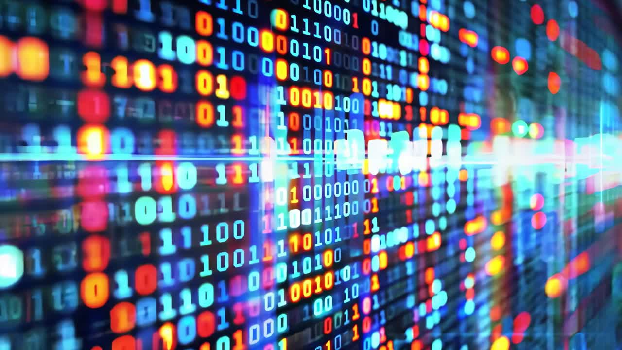 A computer screen with a lot of numbers and a blue background. The numbers are in different colors and are arranged in rows. Concept of complexity and organization