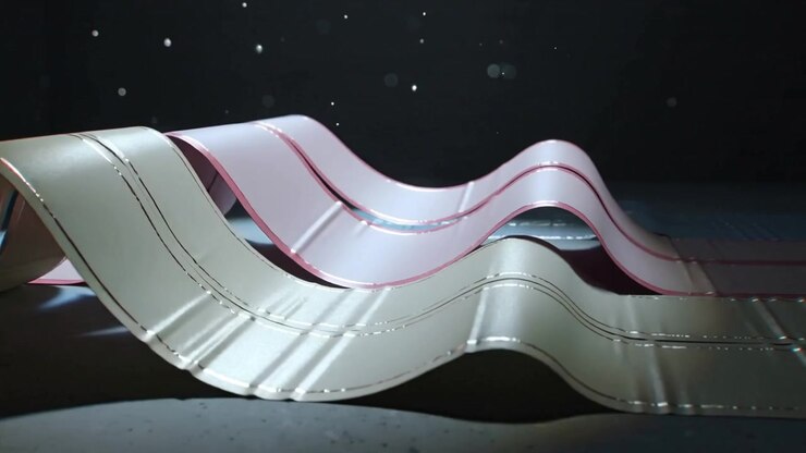 Lighting spotlight activating metallic ribbon sheet undulating on dark matte floor, pastel stripes