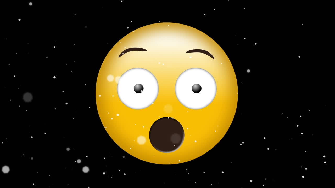 animación digital de manchas blancas flotando sobre emoji de cara sorprendida contra un fondo negro