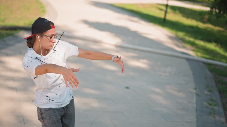 park dancer executing playful pathway choreography near small pond and curved walkway, casual cap and sunglasses, expressive pointing gestures and joyful spins, mixing rehearsal, mime and celebratory