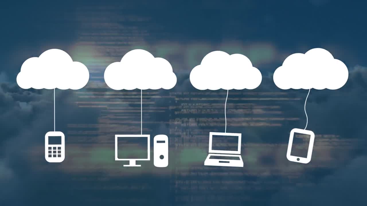 animación de nubes con iconos sobre el procesamiento de datos y el cielo