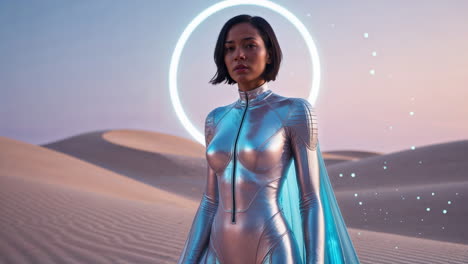 futuristic woman in silver suit in ethereal desert landscape