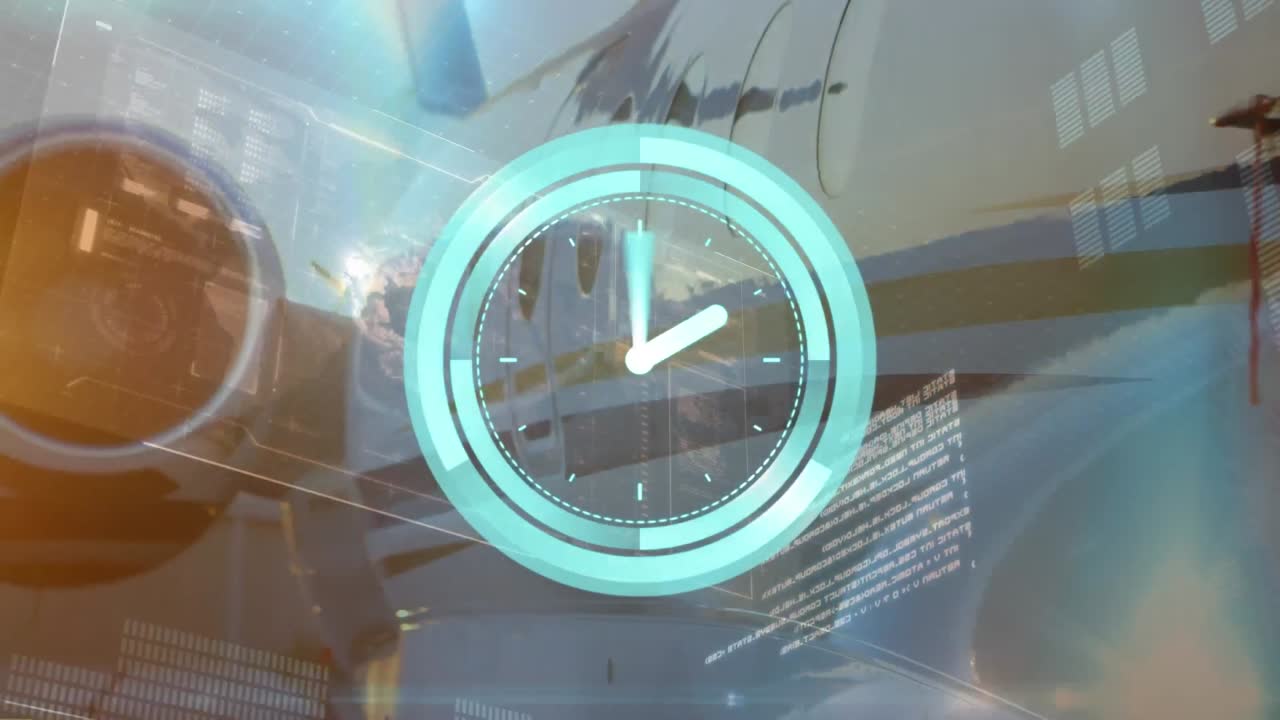 Animación de procesamiento de datos y reloj sobre avión