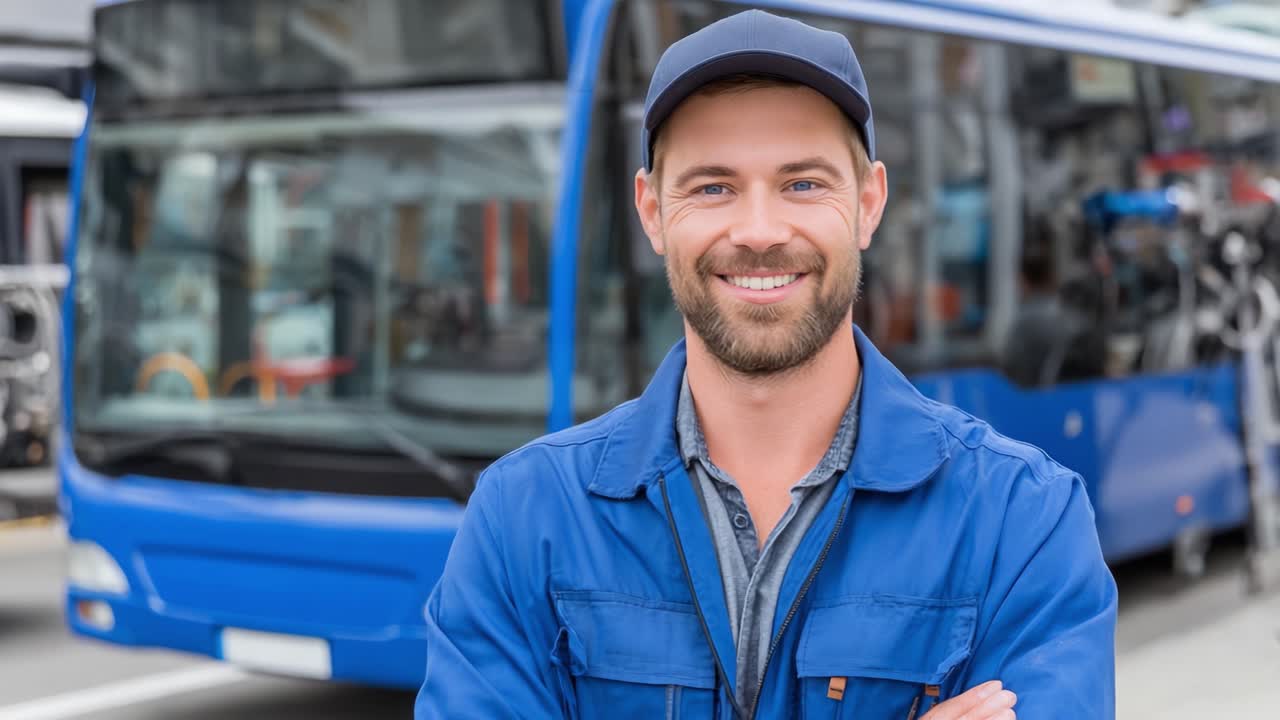 Iloinen linja-autonkuljettaja poseeraa itsevarmasti kaupunkibussin edessä, osoittaen ylpeyttä työstään ja liikennealasta