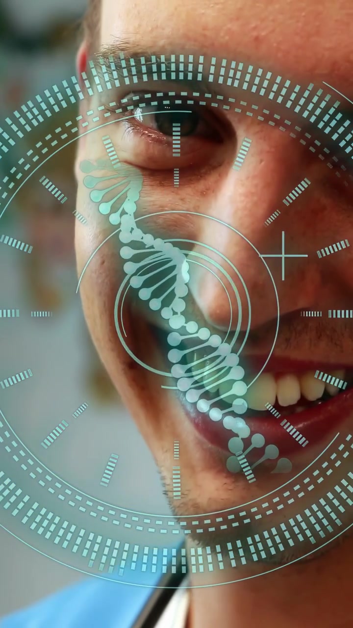 Video verticale: Clinico uomo che porta lo stetoscopio al petto per un esame, HUD con elica di DNA che traccia il viso.