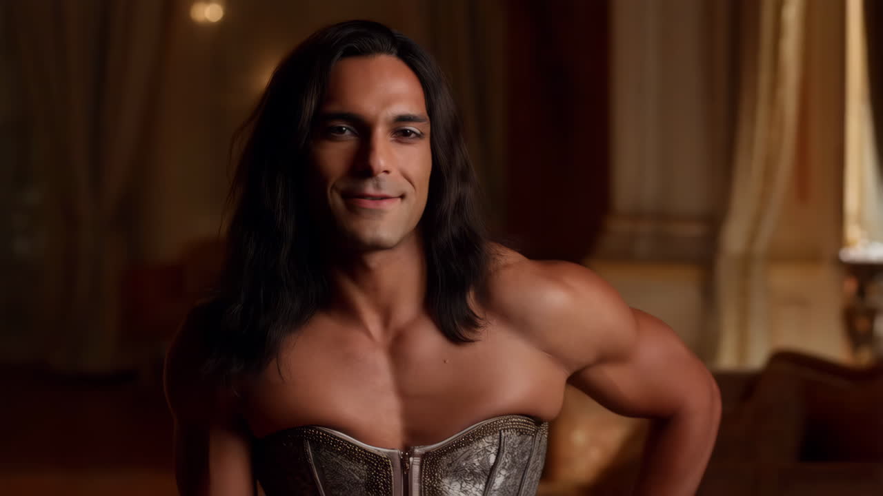 Portrait of a smiling man with long hair and a muscular physique