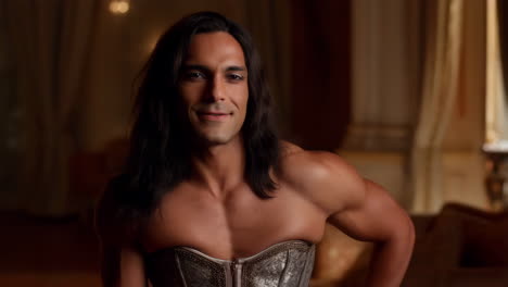 portrait of a smiling man with long hair and a muscular physique