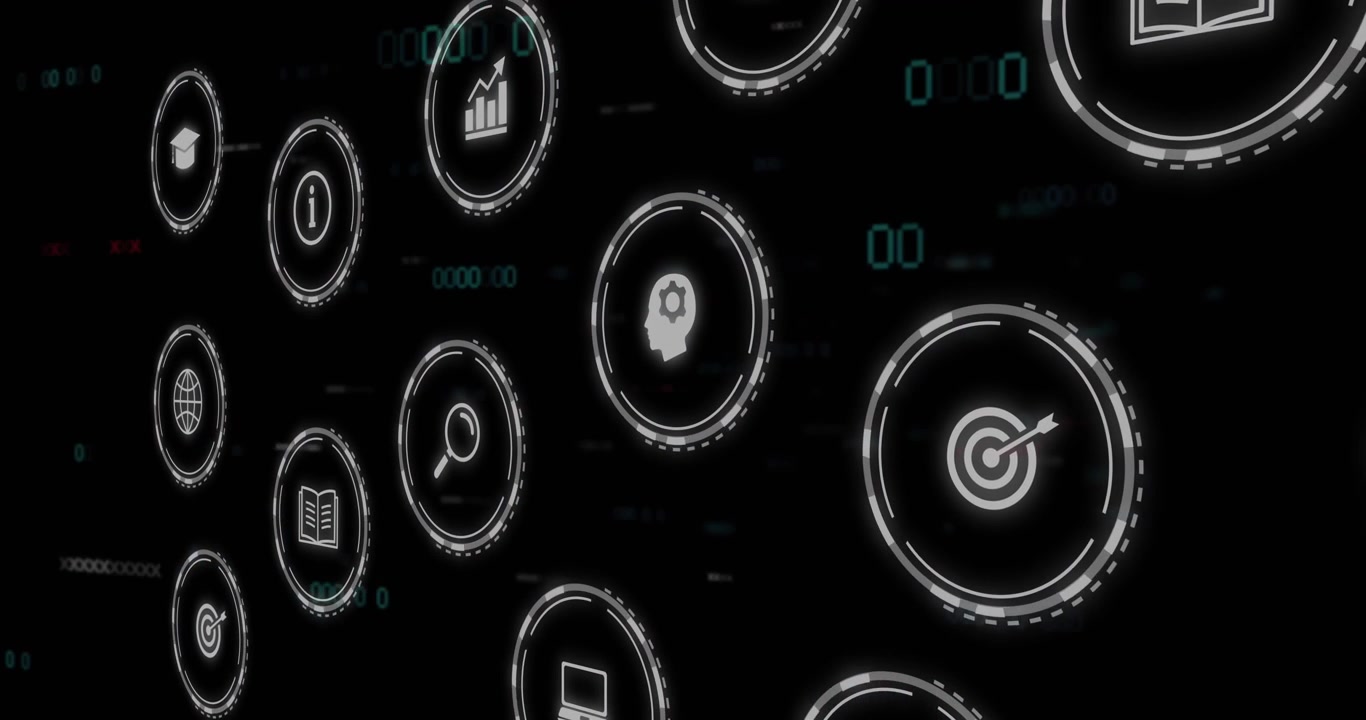 Camera shifting right, HUD icon grid sliding forward, pulsing, highlighting, visualizing data flow