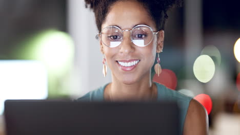 laptop, face and woman in office at night