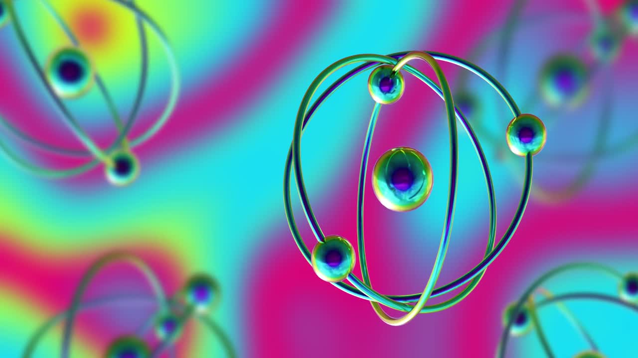 animación de modelos de átomos que giran sobre un fondo vibrante multicolor