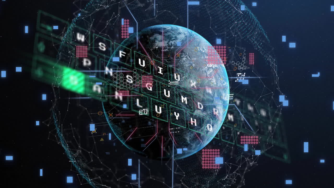Animation of data processing over globe with connections on black background