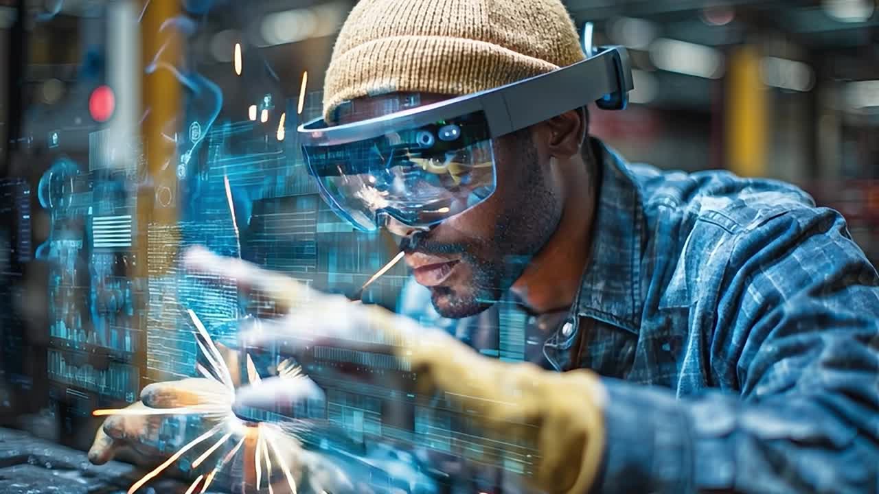 Werknemer die een augmented reality-bril gebruikt om de productiviteit in een fabriek te verhogen