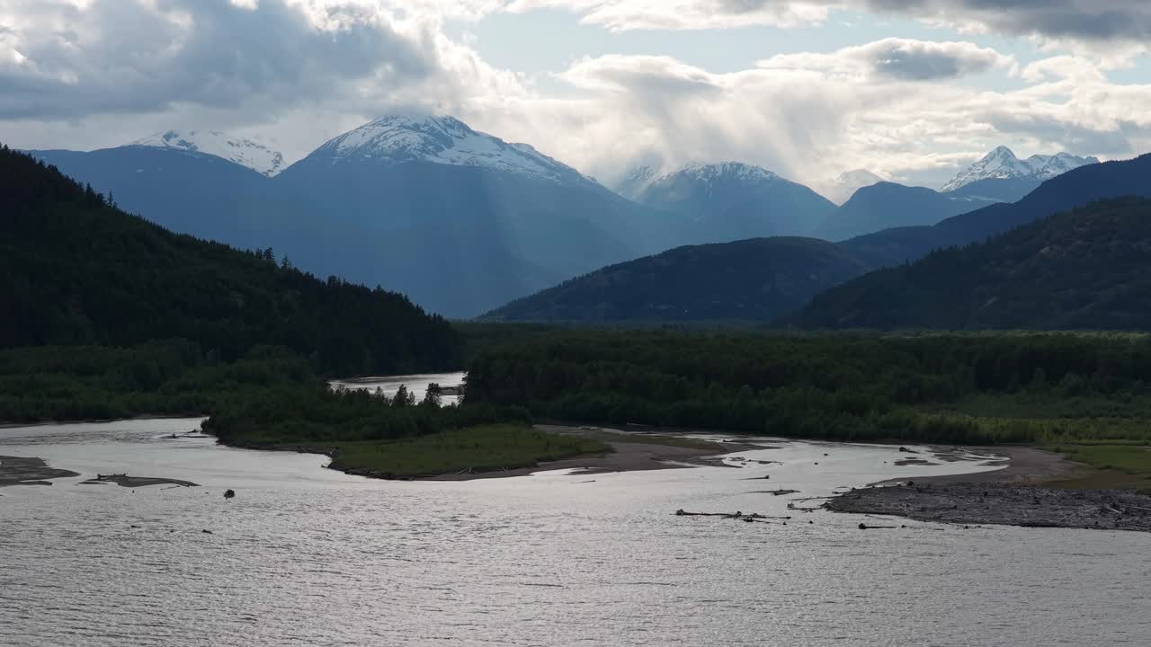 Scenic river flowing through mountains and forest in British Columbia.