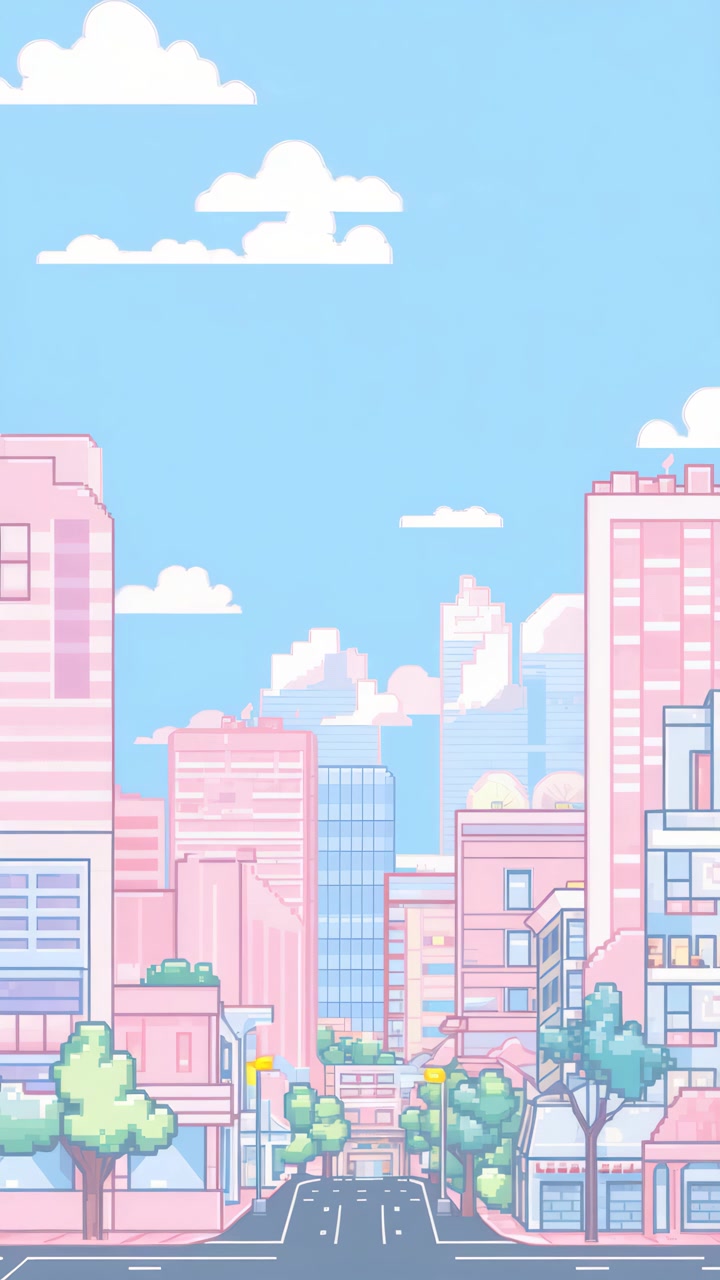 Rua de Cidade em Pixel Art Animada com Nuvens em Movimento e Edifícios em Tons Pastel