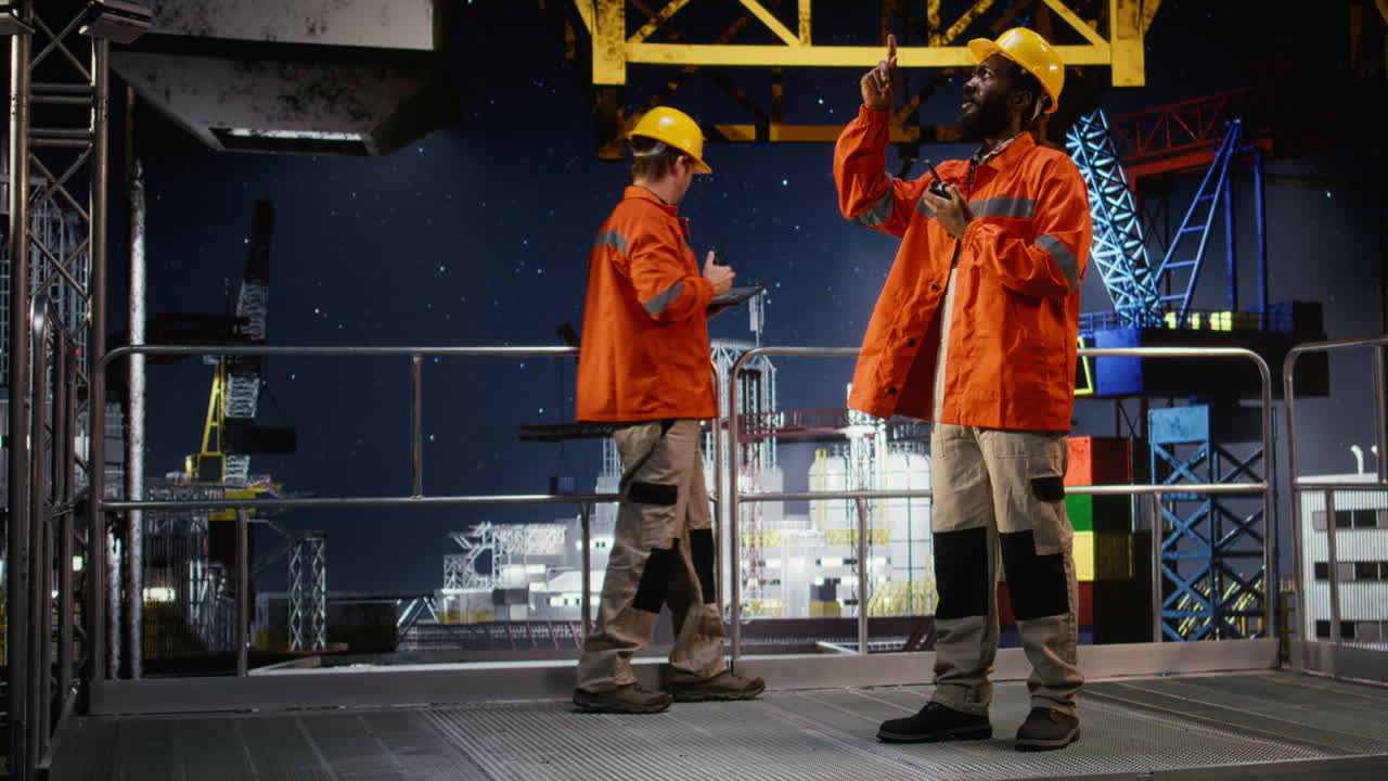 Worker on maritime oil rig uses radio communication for drilling operations