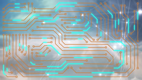 animación de una placa de circuitos informáticos con senderos brillantes y redes de conexiones en el cielo
