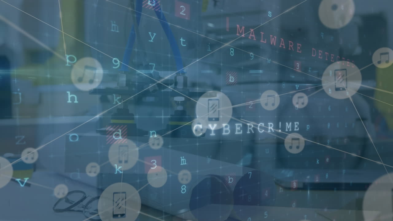 경고 텍스트의 애니메이션과 사무실을 통한 연결 네트워크