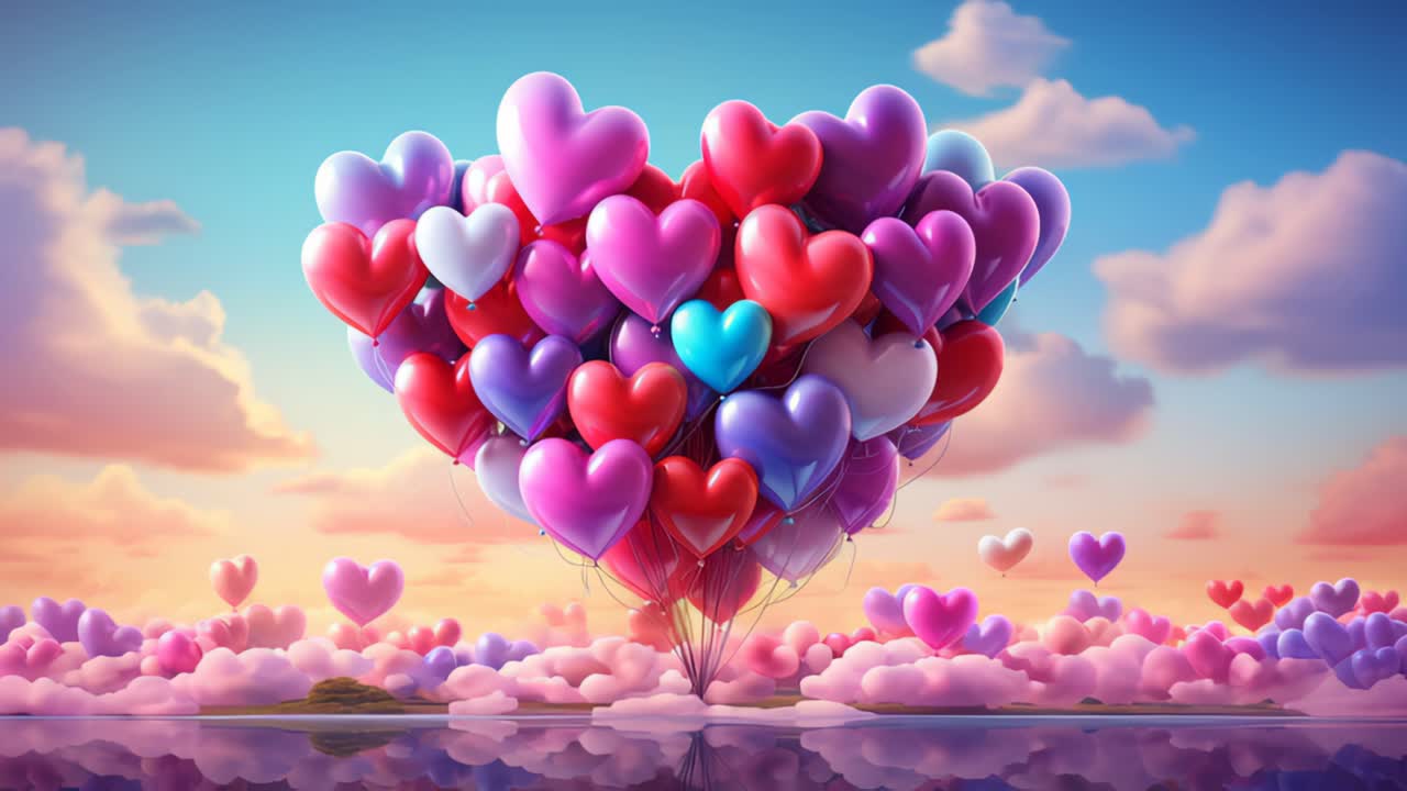 Heart-shaped balloons floating in vibrant sky at sunset