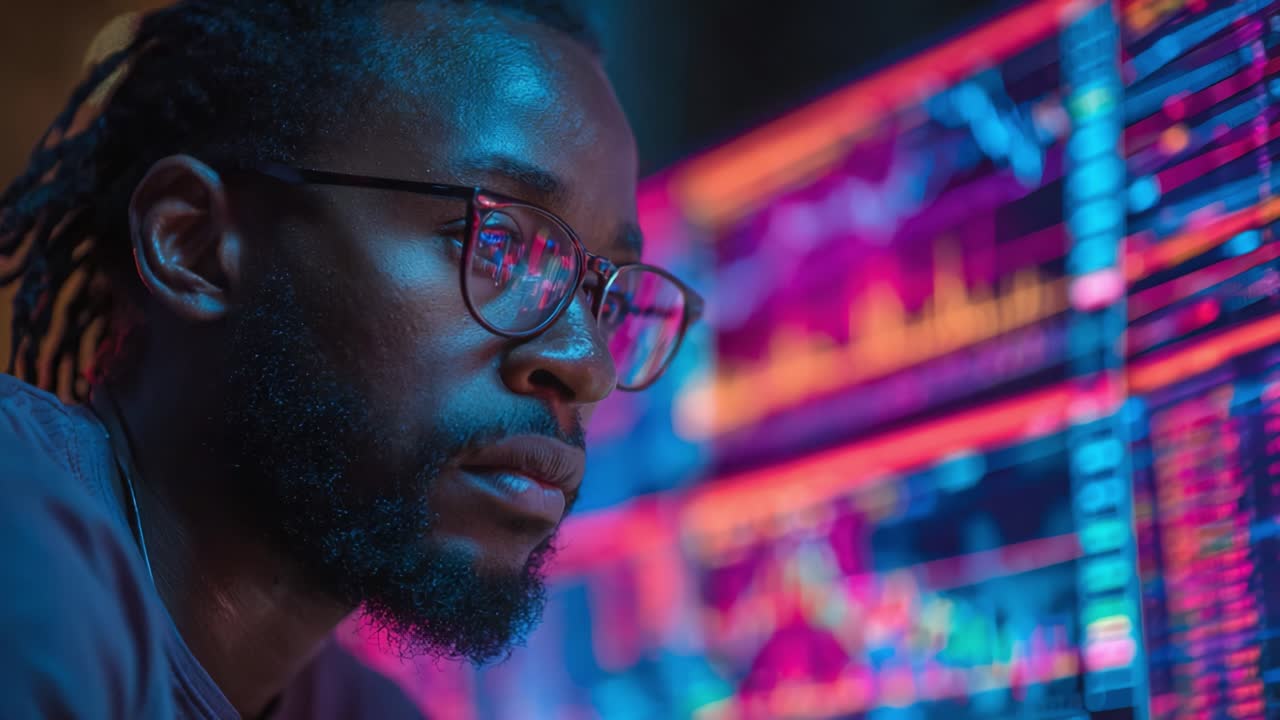 Focused Individual Analyzing Complex Data Visualizations on Multiple Screens in a High-Tech Environment, Capturing the Essence of Data Analytics and Observational Intensity