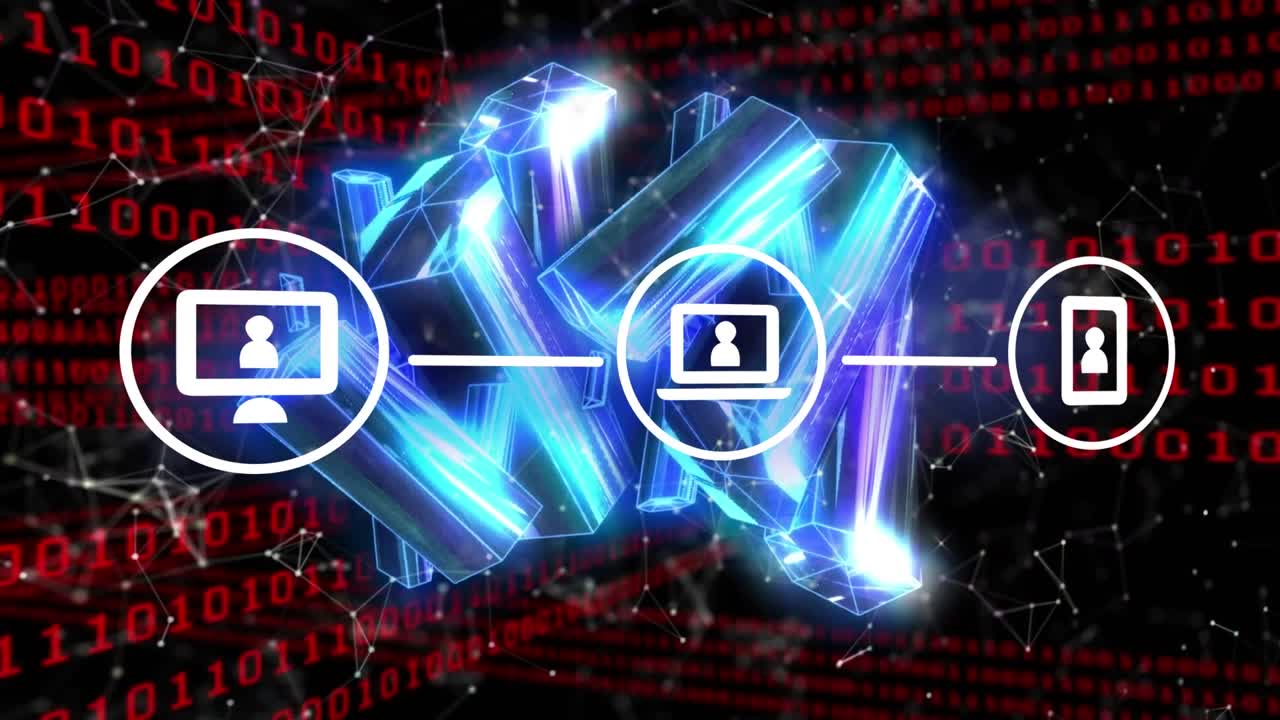 Animation of icons, metallic blocks, data processing over binary coding